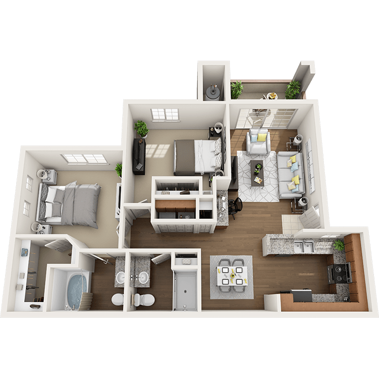 Floor plan for 2 beds, 2 baths, 1127 sqft